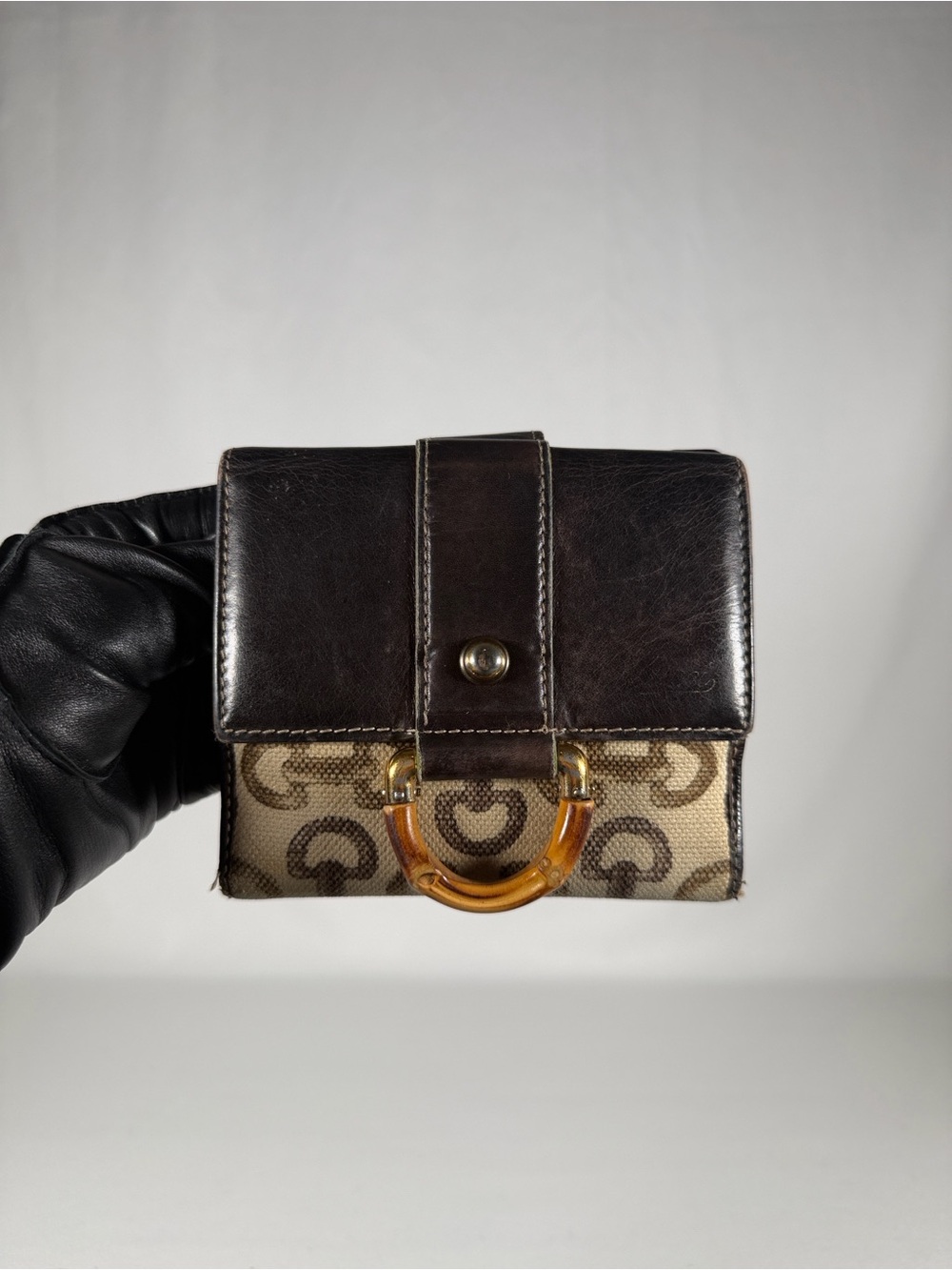Gucci Horsebit Leather-Trim Canvas Wallet with Bamboo Handle
